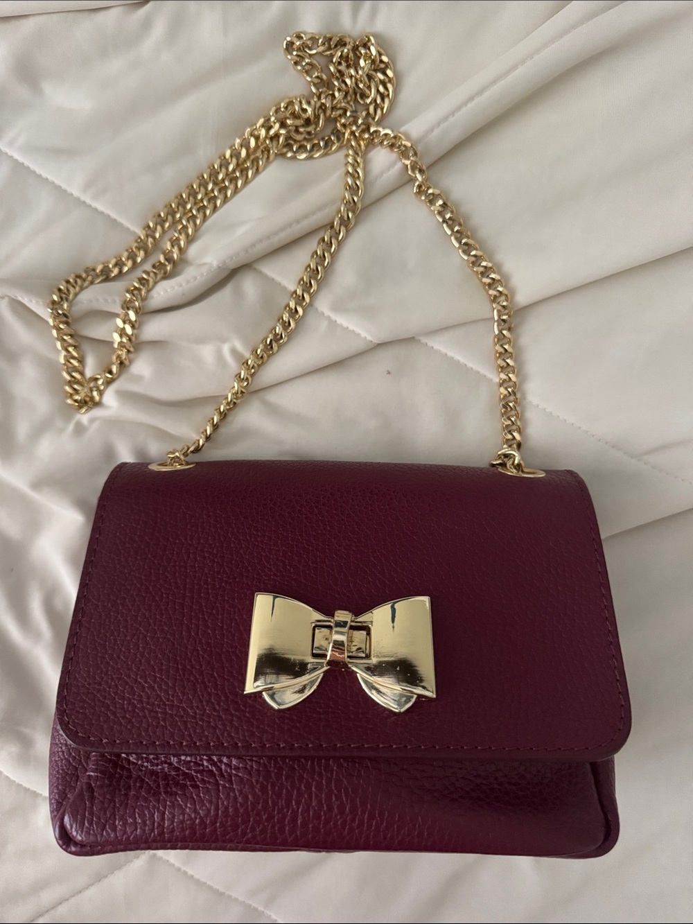 Italian Leather Burgundy Crossbody Bag with Gold Bow Accent
